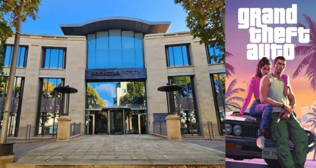 Imagem externa das instalações da Rockstar North com presença de equipes de emergência, relacionada ao incêndio registrado após relatos iniciais de explosão.