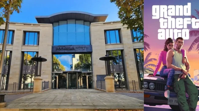 Imagem externa das instalações da Rockstar North com presença de equipes de emergência, relacionada ao incêndio registrado após relatos iniciais de explosão.