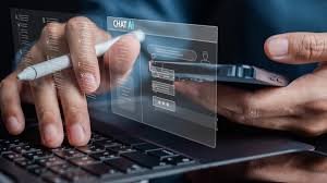Imagem simbólica sobre a adoção da inteligência artificial na rotina moderna, evidenciando a interação entre seres humanos, tecnologia e processos digitais baseados em dados.