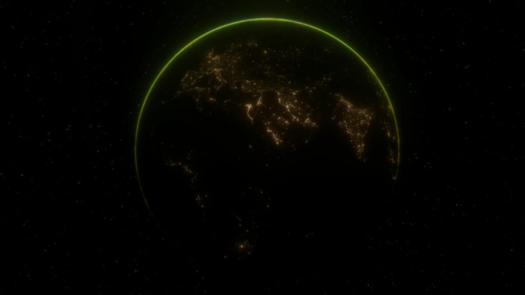 Ilustração científica da Terra em rotação, destacando o movimento do planeta em torno do próprio eixo e sua relação com o dia e a noite.