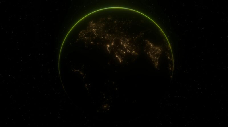 Ilustração científica da Terra em rotação, destacando o movimento do planeta em torno do próprio eixo e sua relação com o dia e a noite.