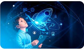 Representação conceitual do uso da tecnologia na educação, destacando plataformas digitais, acesso remoto a conteúdos educacionais e ampliação das oportunidades de aprendizado em diferentes contextos sociais.